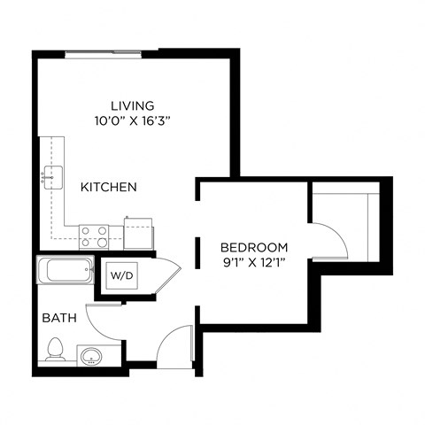 Floor plan for 1 bed, 1 bath, 581 sqft